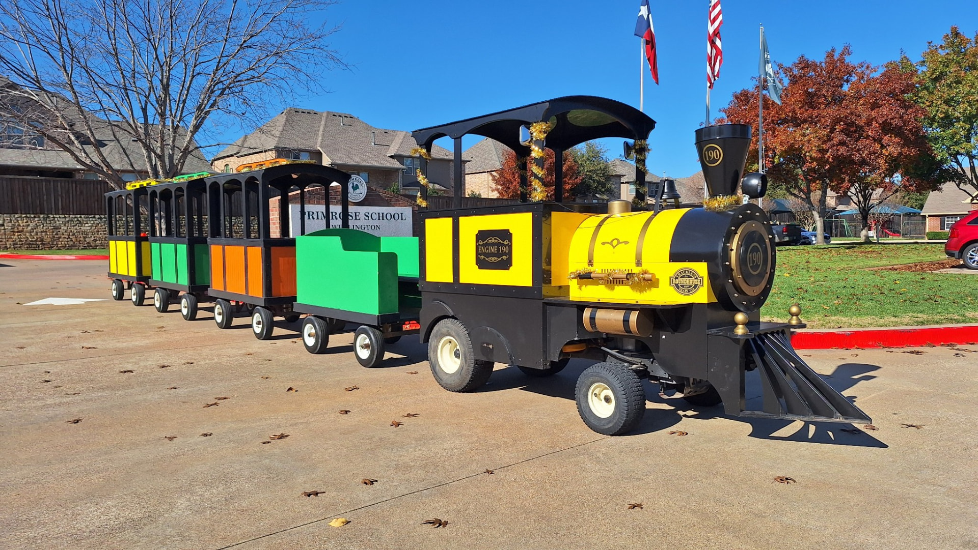 The Choo Choo Express trackless train chugging around an outdoor event
