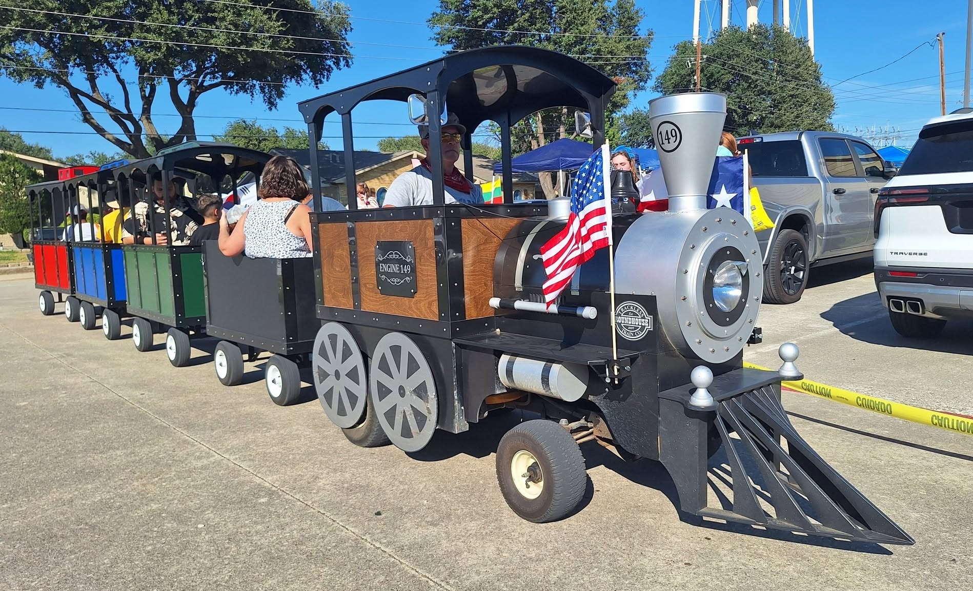 The trackless train giving rides at a community event