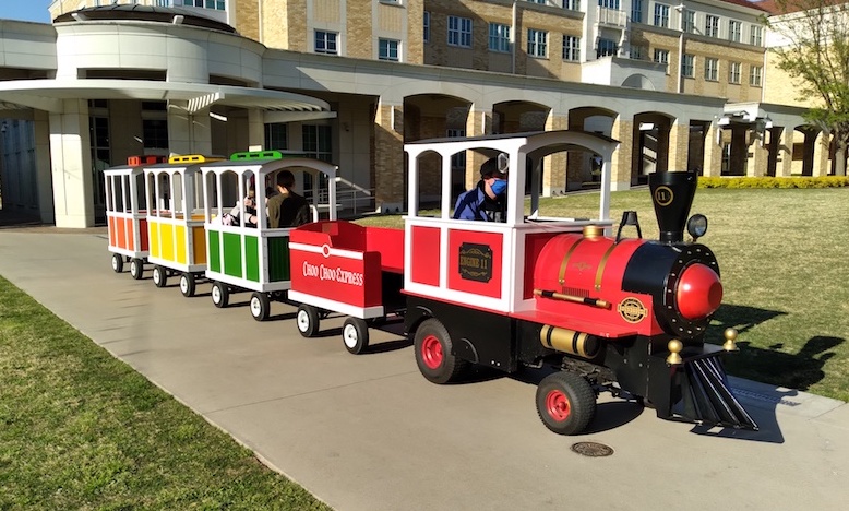 The Choo Choo Express passenger train with bright red, yellow and green cars